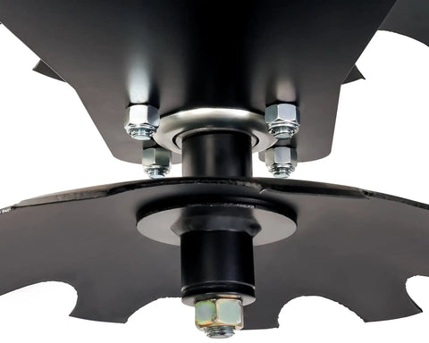 Close-up of heavy-duty 8-disc mechanism of ATV UTV Disc Harrow Implement for Tough Ground With Eight Rotating Discs to Break Up Clods and Fluff Hard Soil.
