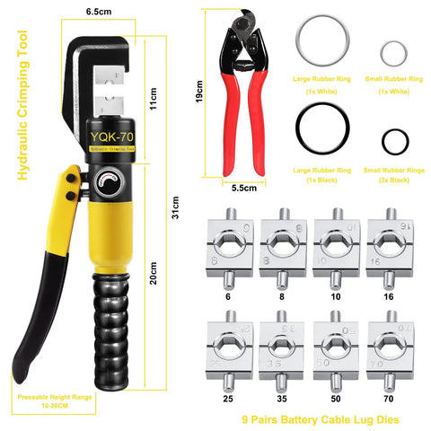 Hydraulic Crimping Tool And Cable Cutter Kit 10 Ton Crimper For 12 AWG To 2/0 Copper And Aluminum Wires 11mm Stroke