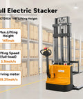 Fully Powered Electric Walkie Stacker With Adjustable Straddle Legs for Pallet Handling 3300 Pound Capacity Lifts Up To 118 Inches