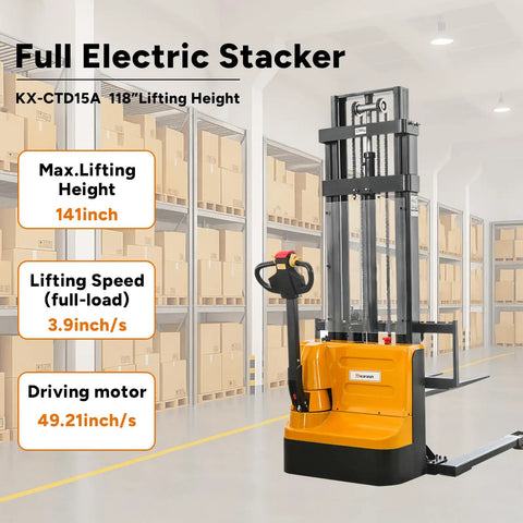 Fully Powered Electric Walkie Stacker With Adjustable Straddle Legs for Pallet Handling 3300 Pound Capacity Lifts Up To 118 Inches