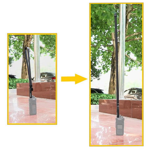 Foldable 29 Inch VHF UHF Ham Radio Antenna With SMA Female Connector on Baofeng UV radio, folded and extended views