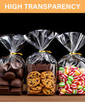 Clear Cellophane Bags 4x6 Inch, 100 Pack With Color Twist Ties showcasing cookies, candies, and chocolates for party favors.