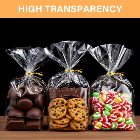 Clear Cellophane Bags 4x6 Inch, 100 Pack With Color Twist Ties showcasing cookies, candies, and chocolates for party favors.