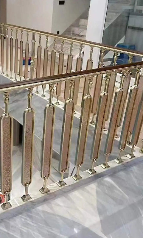 Top Shelf Gold Glass Staircase Balusters With Rock Solid Aluminum Spindles For Indoor Outdoor Stairs, detailed view of baluster installation.