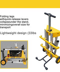 Heavy Duty Yet Featherweight Portable Table Saw Stand Designed For Smooth Rollin Shop Mobility Includes Quick Attach Miter Bracket And Zero Hassle Fast Fold Assembly with collapsible design.