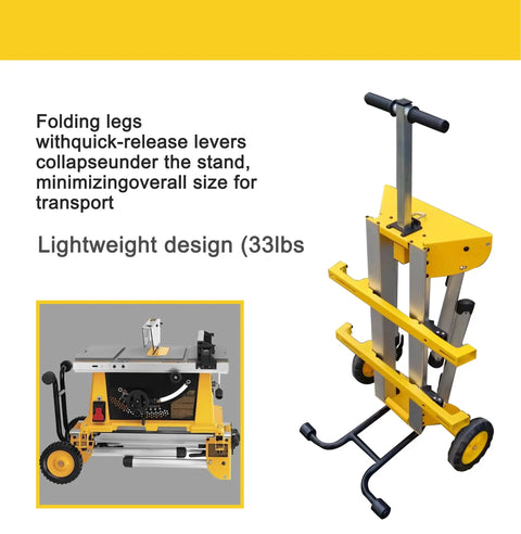 Heavy Duty Yet Featherweight Portable Table Saw Stand Designed For Smooth Rollin Shop Mobility Includes Quick Attach Miter Bracket And Zero Hassle Fast Fold Assembly with collapsible design.
