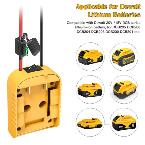 Dewalt 20V Battery Adapter For Power Wheels DIY Conversion Kit with 12AWG wire, switch, and fuse, compatible with Dewalt batteries