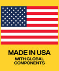 American flag on yellow background with text: Made in USA with global components.