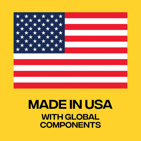 American flag on yellow background with text: Made in USA with global components.