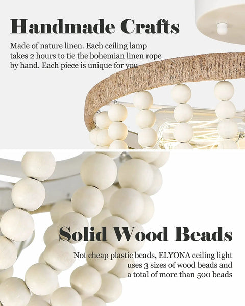Close-up of Boho Birch Wood Beaded Chandelier showing hand-wrapped rope and solid wood beads for white farmhouse style.