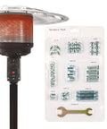 Image of Patio Heater Reflector Shield Accessory Kit With Spacers Washers And Fasteners For Round Umbrella Gas Heaters Universal Replacement Hardware Set No Hassle Fix For Safe Stable Outdoor Heating showing heater and hardware pack with screws and wrench.