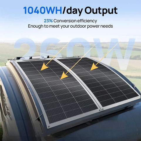 260W 12V Flexible Solar Panel Kit With Dual 130W Mono Panels, 30A Charge Controller, installed on curved RV roof