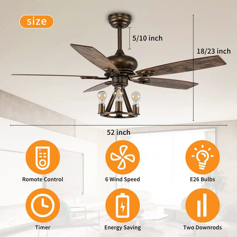 Farmhouse Ceiling Fan With Light And Remote Control 52 Inch Brown Industrial Style Ceiling Fan With 5 Reversible Wooden Blades