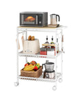 Mobile Kitchen Cart With 3 Tiers And Lockable Wheels White Rolling Storage Cart With Push Handle Sturdy 210 Lb Capacity The Grab And Go Kitchen Island Sidekick For Home Restaurant Coffee Bar Living Room And Office with microwave, toaster, fruit basket, and condiments.