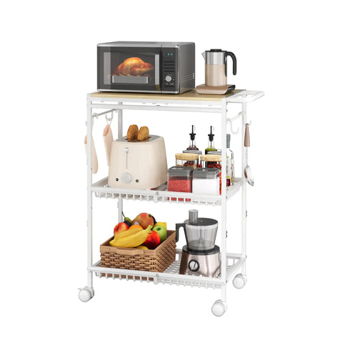 Mobile Kitchen Cart With 3 Tiers And Lockable Wheels White Rolling Storage Cart With Push Handle Sturdy 210 Lb Capacity The Grab And Go Kitchen Island Sidekick For Home Restaurant Coffee Bar Living Room And Office with microwave, toaster, fruit basket, and condiments.