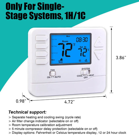 5-1-1 Day Programmable Thermostat For Home Heating And Cooling With 1 Heat 1 Cool Conventional Single Stage Systems, Easy Install, Energy Saving Digital Thermostat For Busy Households displaying temperature and time on screen