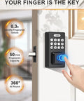 Keyless Entry Door Lock With Handles Electronic Keypad Deadbolt For Front Door Auto Locking Anti Peeping Password Digital Smart Code Lock Matte Black Front Door Handle Set showing fingerprint access and keypad.