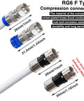 Nickel-plated brass RG6 F type compression connectors, labeled with measurements and features, for reliable coax cable setups.