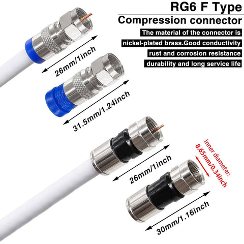 Nickel-plated brass RG6 F type compression connectors, labeled with measurements and features, for reliable coax cable setups.