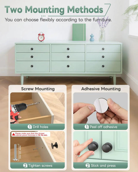 2 Pack Adhesive Drawer Knobs For Cabinets Black Rust Resistant Aluminum Alloy Stick On Pull Handles, 30x30x25 mm, screw or adhesive mount