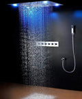 Straight Up Premium Recessed LED Ceiling Rainfall Shower System With Handheld Spray And Heavy Duty Stainless Steel Antique Brass Finish For Your Modern Bath Setup in action with cascading water.