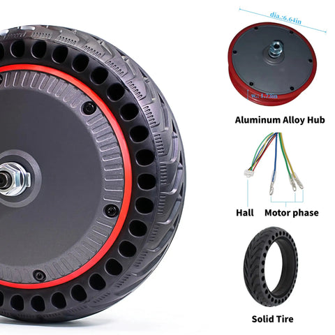 8.5 Inch Front Electric Scooter Motor 36V 350W with peak 464W power and 17.8 Nm torque featuring solid tire and aluminum hub