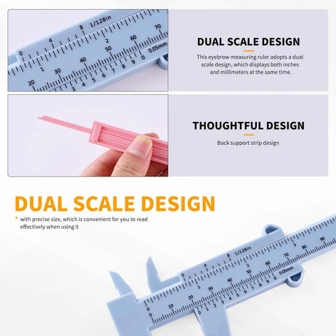 Close-up of Pro Grade Brow Mapping Tool With Mini Vernier Caliper Double Scale Sliding Ruler in blue and pink, for precise brow mapping.