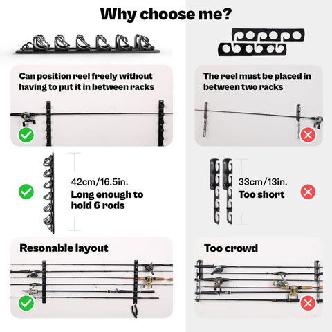 Comparison of wall and ceiling mount fishing rod rack with rubber band clamp, showing advantages in spacing and layout.
