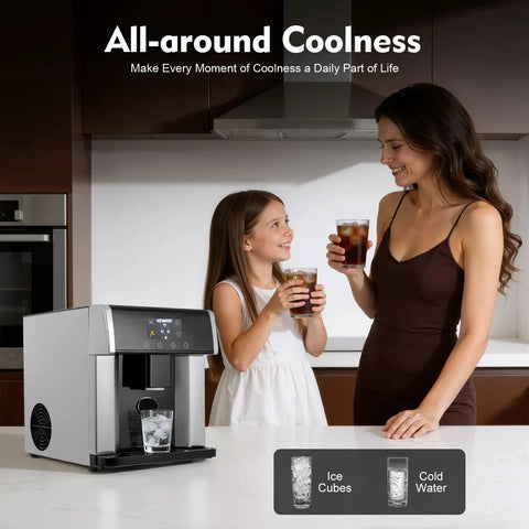 Countertop Ice Maker 2 In 1 Water Dispenser Drop Dead Fast Round Ice Maker With Cold Water On Demand being used by a mother and daughter.