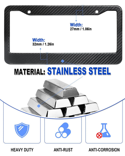 Real Carbon Fiber License Plate Frame With Stainless Steel Core, features width dimensions and stainless steel material shown