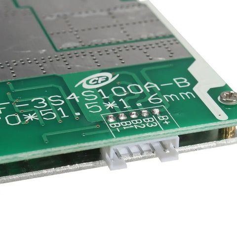 Close-up of 4S 100A LiFePO4 Battery BMS Balance Protection Circuit Board For 18650 Cells with connectors and markings.