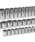 Half Inch Drive 12 Point Socket Set, Standard And Deep Metric Sockets, 37 Piece With Chamfered Openings And Deep Serrations