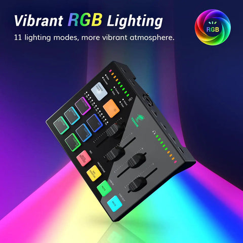 All In One Gaming Studio Audio Kit Pro USB Mixer With RGB Lights showing 11 lighting modes on a colorful background