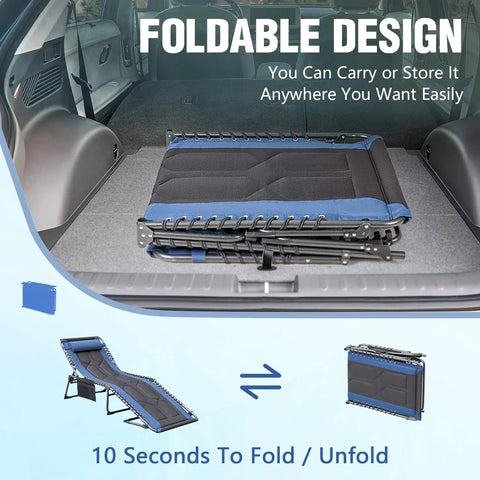 Folded 4 Fold Padded Portable Outdoor Chaise Lounge Chair With Pillow And Side Pocket For Patio Beach Pool Camping And Sunbathing Blue Heavy Duty Folding Recliner in a car trunk