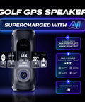 AI Powered Golf GPS Speaker With Touchscreen Display, showing digital metrics and AI features, navy color.