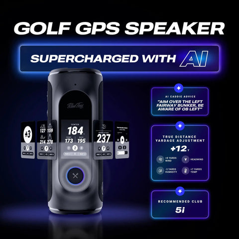 AI Powered Golf GPS Speaker With Touchscreen Display, showing digital metrics and AI features, navy color.