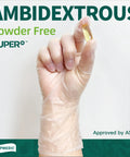 Hand wearing Vinyl Disposable Exam Gloves Clear 4 Mil Powder Free Latex Free Food Safe For Medical Kitchen Cleaning Use XL 100 Count Pack