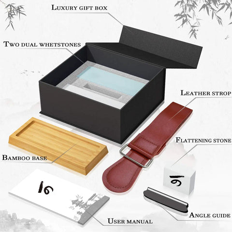 Pro Grade Knife Sharpening Stone Kit With Double Sided Whetstones 400 1000 And 3000 8000, wood base, guide, leather strop, gift box