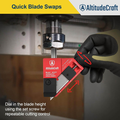 Pro Grade Precision Drag Knife Three Eighths Inch Shaft For CNC Router with adjustable depth and dual bearings being adjusted