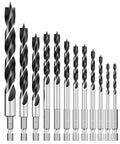 Brad-point wood drill bit set, 12 pcs with hex shank, double-flute design, sizes 1/8 to 1/2 in.