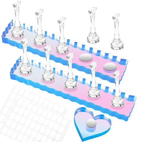 Heart Shaped Magnetic Nail Stand Set For Press Ons, Acrylic Nail Holders For Nail Art Display, Includes 2 Aurora Bases, 10 Stands Two Pinky Sized, 100 Double Sided Tape, Home Salon DIY Nail Display Kit, showing clear acrylic holders on colorful bases.