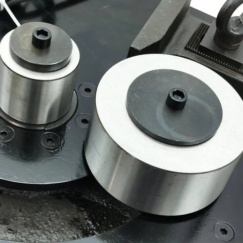 Close-up of heavy duty rollers in Jobsite Ready Heavy Duty Electric Rebar Bender And Cutter Combo 110V Foot Switch Rig.