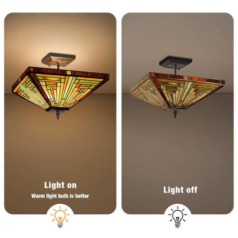 Tiffany Style Stained Glass Ceiling Lamp 2 Light 14 Inch Wide Amber Brown Semi Flush Mount with light on and off view