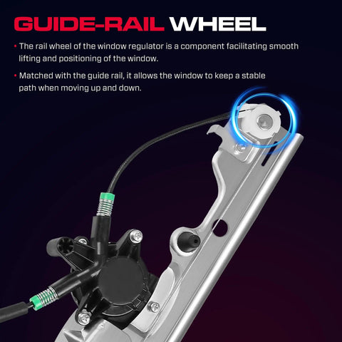 Close-up of guide-rail wheel on Front Passenger Side Power Window Regulator With Motor For Chevy Silverado 1500 2500 3500