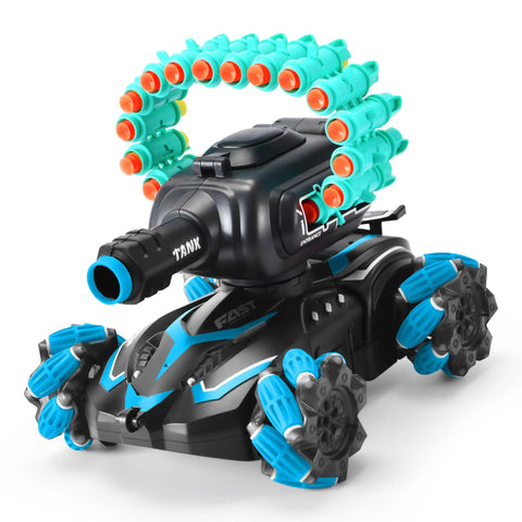 Remote Control Battle Tank That Shoots Foam Darts, 16 Darts Included, Blue RC Car For Kids Aged 7 To 11, toy vehicle displayed.