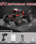 High Speed 30 KMH All Terrain RC Car 1 14 Scale Remote Control Truck With 2.4GHz Radio in red and black with package contents