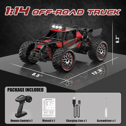 High Speed 30 KMH All Terrain RC Car 1 14 Scale Remote Control Truck With 2.4GHz Radio in red and black with package contents