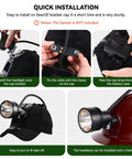 Installation of Long Range Coon Hunting Headlamp with 600 Lumens on black hunting hat and helmet, showing steps.