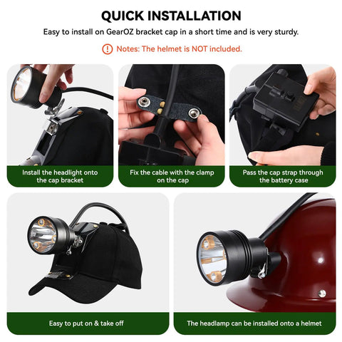 Installation of Long Range Coon Hunting Headlamp with 600 Lumens on black hunting hat and helmet, showing steps.