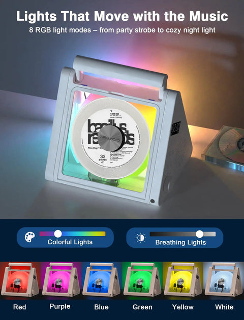 Portable CD Player With Bluetooth And RGB Lights 4000mAh Rechargeable Home Audio Player showing RGB light modes